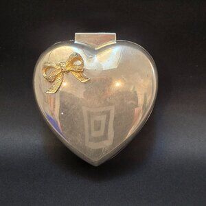 VTG Heart Shaped brass bow Silver Plated Trinket Box - Blue Velvet Lined jewelry